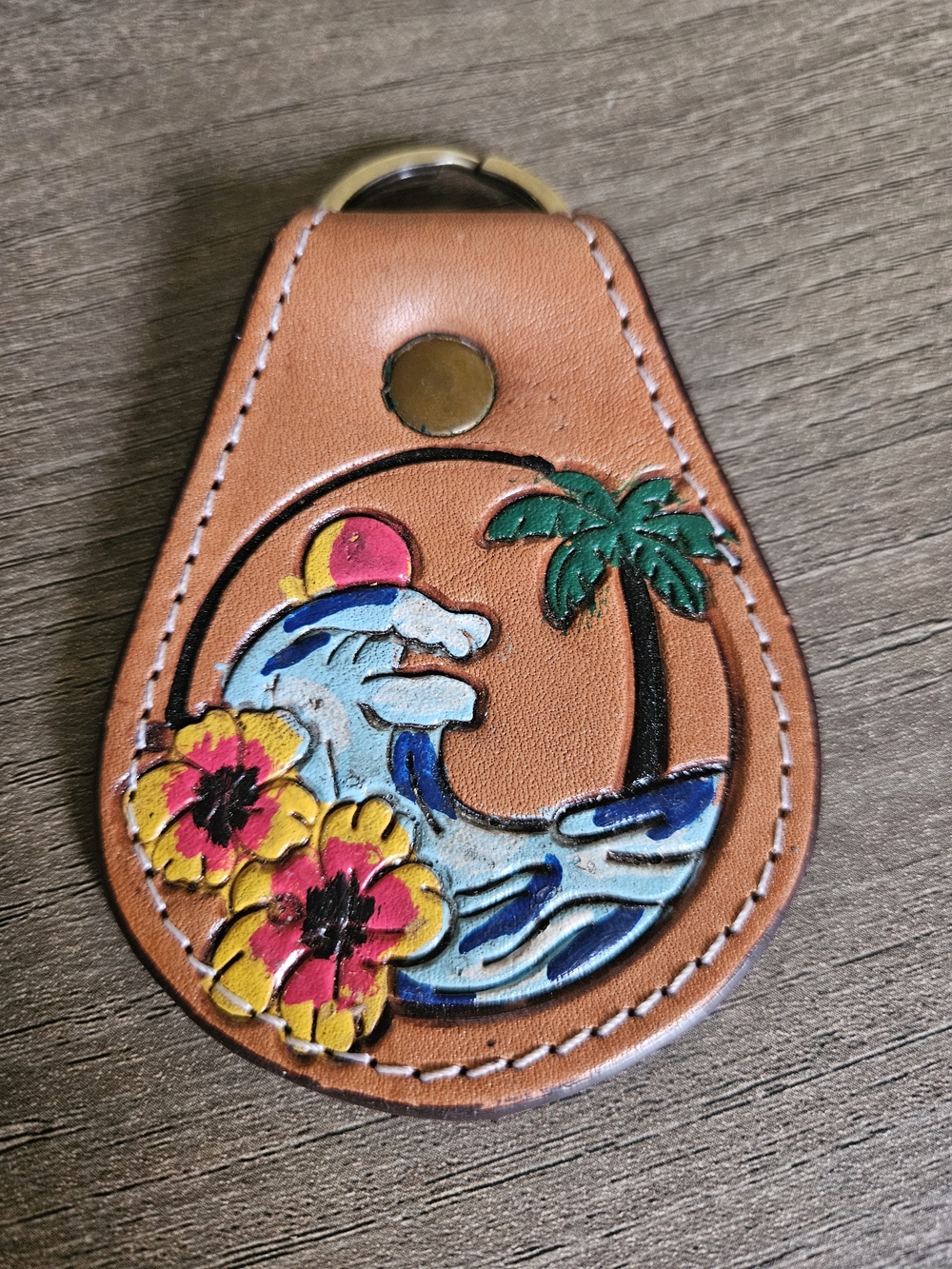 Genuine Leather Tropical Wave Keychain - Brown - NWOT